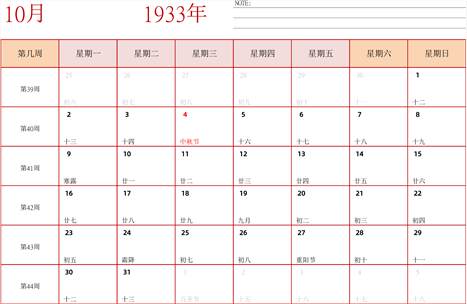 日历表1933年